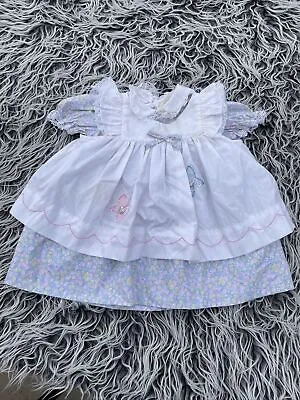 Vintage Baby Girls White Floral Butterfly Pinafore Ruffle Dress 0-9 Months • $30