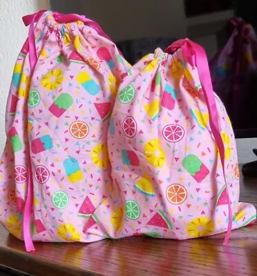 Set Of 2 Handmade Fabric Gift Bags Pink With A Summery Theme Storage • £2.60