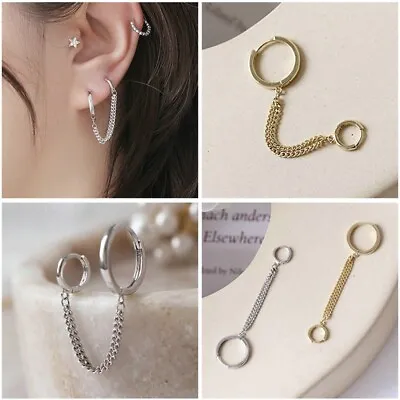 £2.59 • Buy 1Pc Women Double Hoops Huggie With Chain Drop Dangle Earrings Jewelry Gifts
