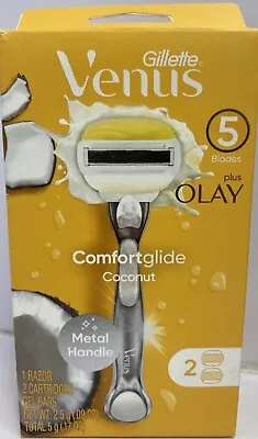 Gillette Venus Olay Comfortglide Coconut Metal Handle 5 Blades 2 Cartridges (C4) • $14.91