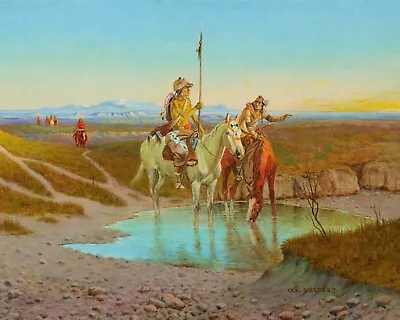 Native American Horse Riders Lake 32x40 In Rolled Canvas Print Old West Painting • £75.06