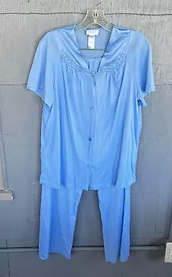 Vintage Vanity Fair Womens L Blue Nylon Short Sleeve Pajama 2 Piece Set Button • $23.99