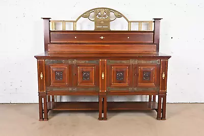 Antique English Arts & Crafts Inlaid Mahogany Sideboard By Robson & Sons 1900 • $6500