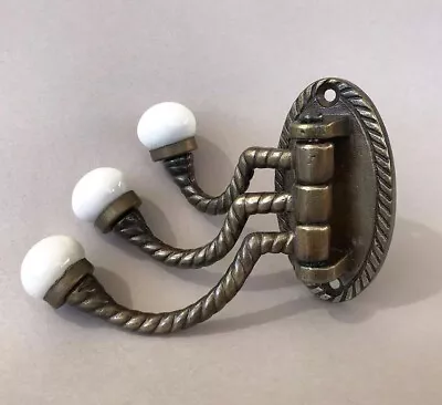 Antique Brass 3 Arm Swing Hooks Swivel Braided Wall Mount Porcelain Balls Pivot • $26.09