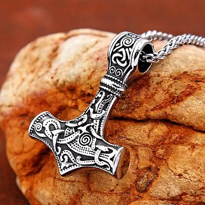 Viking Norse Thors Hammer Mjolnir Men's Necklace Stainless Steel Silver Pendant • £7.95