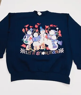 VTG ATLAS Sportswear Sweater Men Large Blue Christmas Glittery Frosted Snowmen • $25