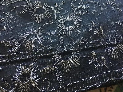 Vintage 70's Lace Fabric Black Embroidered Ribbon Trim Braid - By The Metre • £3.99