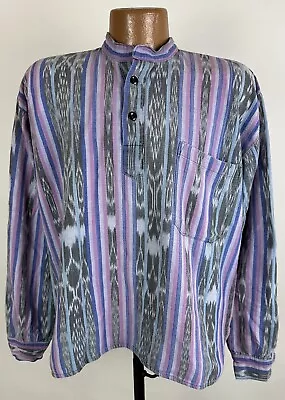 Vintage Ikat Striped Band Collar Shirt Men M Long Sleeve Pullover Hippie Grunge • $25.49