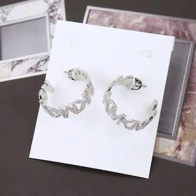 NWOT Michael Kors Pave Large Logo Hoop Earrings Silver Tone • $99.99