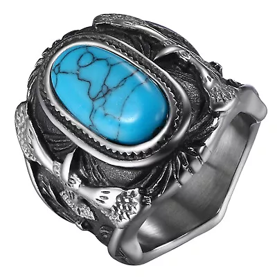 Men's Vinatge Stainless Steel Signet Band Eagle FigureTurquoise Stone Navy Ring • $13.79