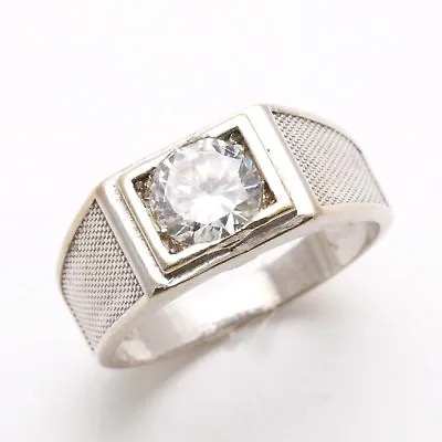 Vintage 14k White Gold Men's Signet Ring Cubic Zirconia Solitare Estate Italy • $459.99