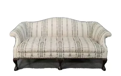 Chippendale Mahogany Camel Back Sofa Claws & Ball Stripped Damask Fabric • $799