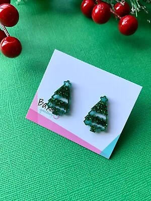 Christmas Tree Earrings Laser Cut Green Glitter Acrylic Surgical Steel Stud • $16