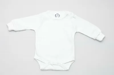 BABY BODYSUIT FULL SLV  0-24m SHOULDER POPPERS 100% COTTON - WHITE  • £4.99