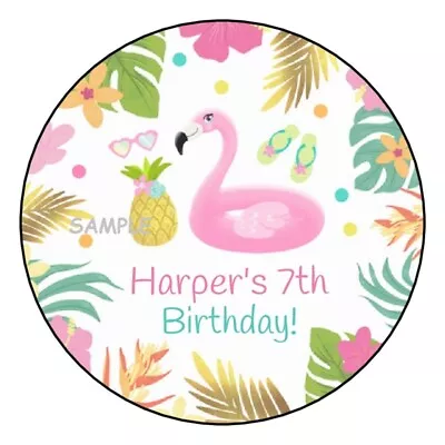 12 Personalized Pool Party Birthday Stickers Flamingo Tropical Pineapple Favors  • $4.99