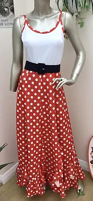 Vintage 60s 70s White Red  Spotty Flamenco  Polyester Maxi Party  Dress S • £10