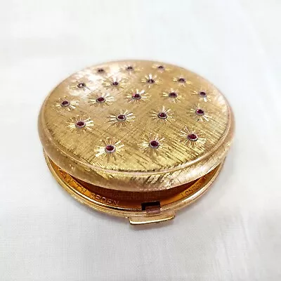 Vintage ELIZABETH Gold W/Red Rhinestone Compact Mirror Makeup Powder Switzerland • $75