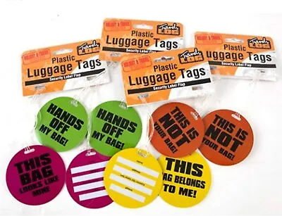 SET 2 Neon Comical Round LUGGAGE TAGS - ID LABELS Travel Tag Assorted Colours • £3.99