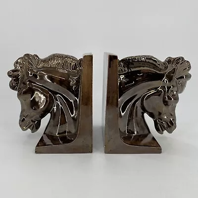 Vintage Mid Century MCM Art Deco Ceramic Horse Head Bookends Signed Glossy Brown • $15