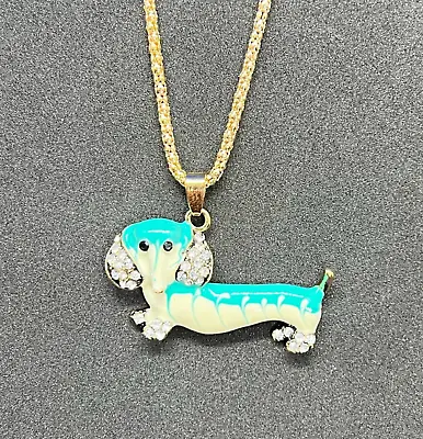 Green & White Dachshund DOG Rhinestones Betsey Johnson Pendant Necklace • $16.95