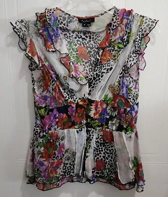 ECI New York Womens 100% Silk Blouse Top Ruffles Button Floral Animal Print Sz 6 • $17.49