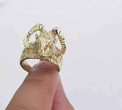 $595.26 • Buy Real 10k Yellow Gold Antler Deer Head Mens Horn Goat Head Ring Diamond Cut 