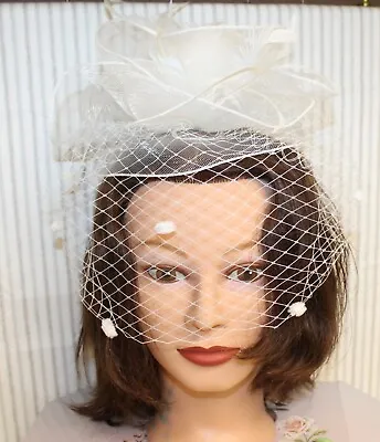 Pure Bright White Real Feather Wedding Birdcage Derby Hat Veil W/Headband • $32