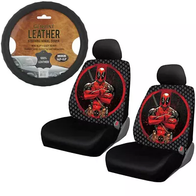 New 5pc Marvel Deadpool Car Front Seat Covers & Steering Wheel Cover - Gift Set • $59.98