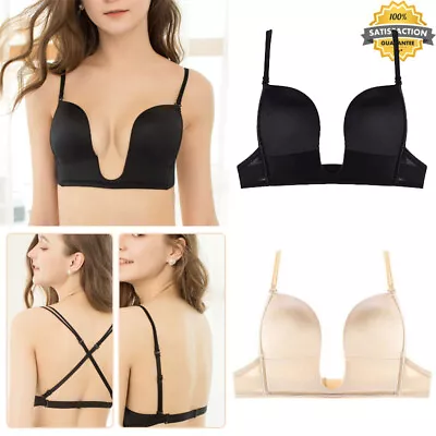 Push Up Bra Backless Women Bra Low Cut Deep U Plunge Underwear Invisible Wedding • £11.62