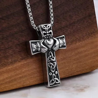 Men's Irish Celtic Silver Black Claddagh Cross Trinity Knot Pendant Necklace 24  • $8.99