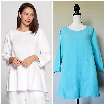 NWT LA Fixsun USA Sz Small Aqua Blue 100% Linen Vertical Seams Hi Low Hem Tunic • $39.99