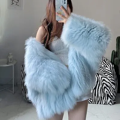 Women Real Fur Coats Hood Winter Thick Warm Knitted Jackets Solid Oversize Coat • $247.65