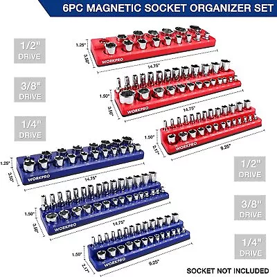 WORKPRO Magnetic Socket Organizer 6-PACK Set 1/4'' 3/8'' 1/2'' Dr Metric SAE • $53.99