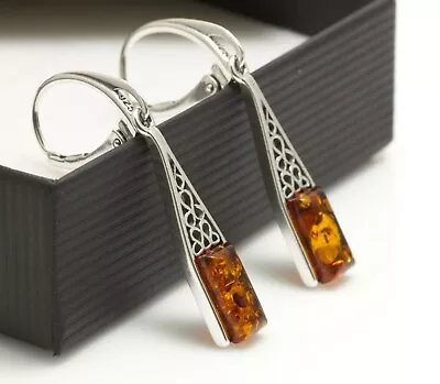 NATURAL BALTIC AMBER STERLING SILVER 925 Long Earrings Drop Dangle Certified • £32.99