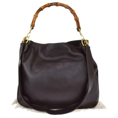$89 • Buy GUCCI Logo 2Way Bamboo Shoulder Tote Bag Leather Brown Made In Italy 01MK178