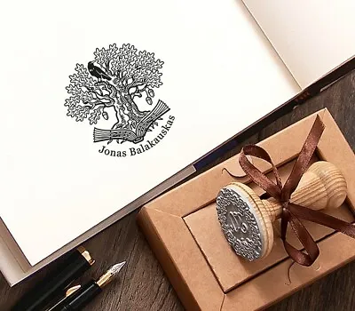 Raven Stamp Ex Libris Personalized Black Bird Crow Oak Tree Special Gift Box • $44.50