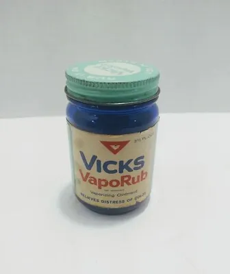 Vintage Vick’s Vaporub Cobalt Blue GLASS Metal Cap 3.5 Ounce Jar  Prop • $12.50