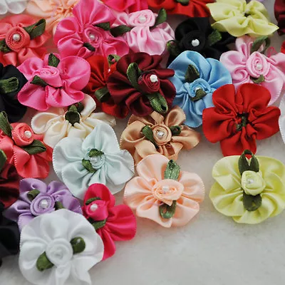 £3.41 • Buy 40pcs Satin Ribbon Flowers Bows W/pearl Wedding/sewing/appliques Lots A01