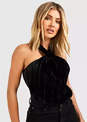 £8.99 • Buy Boohoo Black Pleated Velvet Halterneck Twist Bodysuit Size 14 BNWT