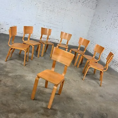 Set 8 MCM Thonet #1216 Dining Chairs Bent Oak Plywood Saddle Seat Single Bow • $2995