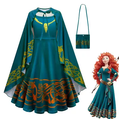 Kids Movie Merida Cosplay Dress Brave Girl Costume Whole Set Cape Bag Hallowen • $28.95