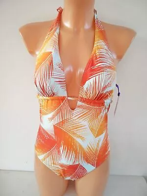 Bnwt Uk 8-10 Figleaves Manila Palm Orange & White Palms Halter Plunge Swimsuit  • $25.25