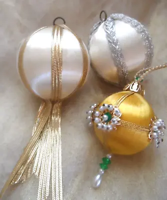 Vintage Beaded Ornament - 3  HANDMADE SATIN ROUND MINI BALLS W/PEARLS & TRIM • $4.99