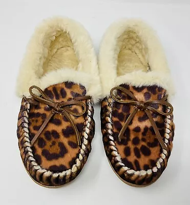 J. CREW Womens Size 9 Leopard Print Faux Fur Lined Rubber Sole Slipper Moccasin • $18