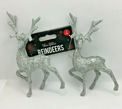 £5.99 • Buy Silver Glitter Reindeer Christmas Decoration Ornament 2,4,6 Hanging Tree Bauble