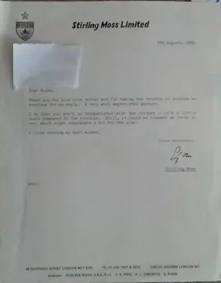 £19.99 • Buy Motor Racing Stirling Moss Hand Signed Letter