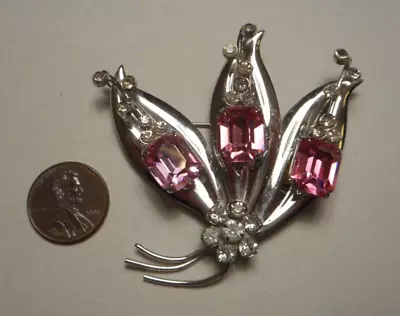 1940s Mazer Style Sterling & Pink Rhinestone Leafy Floral Spray Brooch 22.6g • $99.99