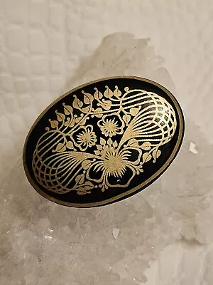 Vintage Michaela Frey Black Enamel Floral Oval Brooch Pin Art Nouveau Style • $38