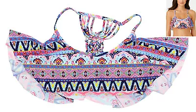 California Waves Flounce Overlay Macrame Back Juniors Bikini Top D/DD NWT Multi • $16.95