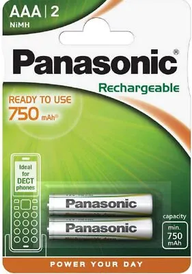 PANASONIC 750mAh Pack Of 2 AAA Rechargeable DECT HOME CORDLESS PHONE Batteries • £4.99